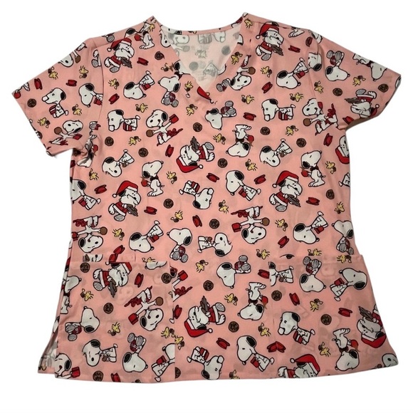 Peanuts Other - Peanuts Snoopy Christmas Scrub Top XL Pink Holiday NWT